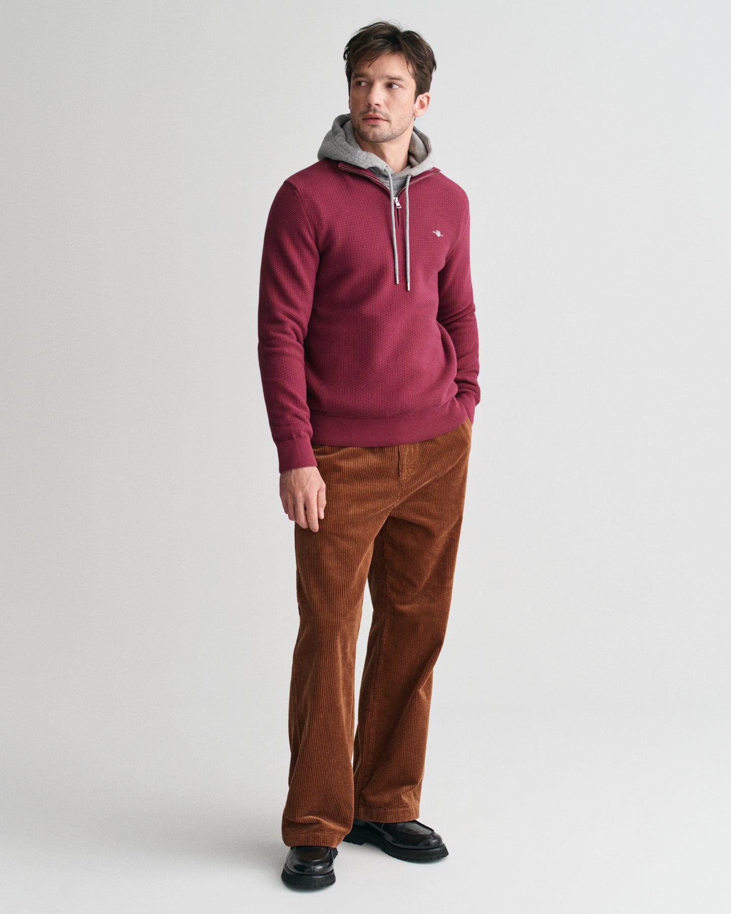 WINE RED, COTTON MICRO TEXTURED HALF ZIP BY GANT AU.