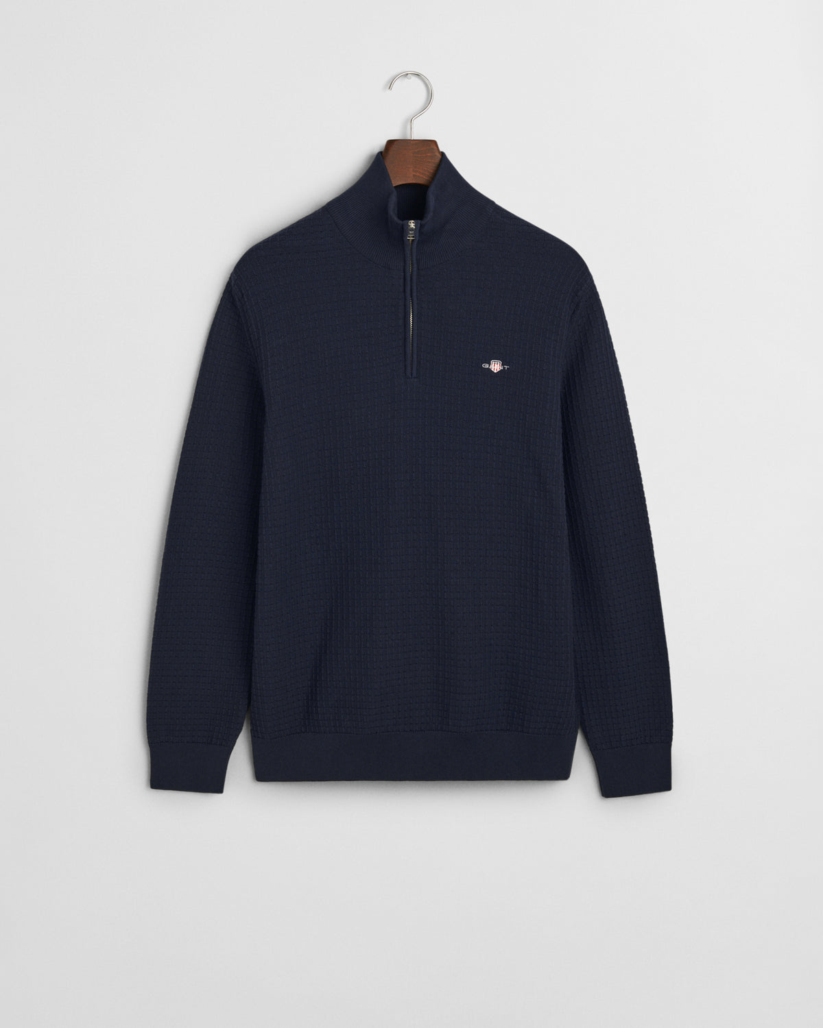 EVENING BLUE, COTTON TEXTURED HALF ZIP, FLAT-LAY BY GANT AU.