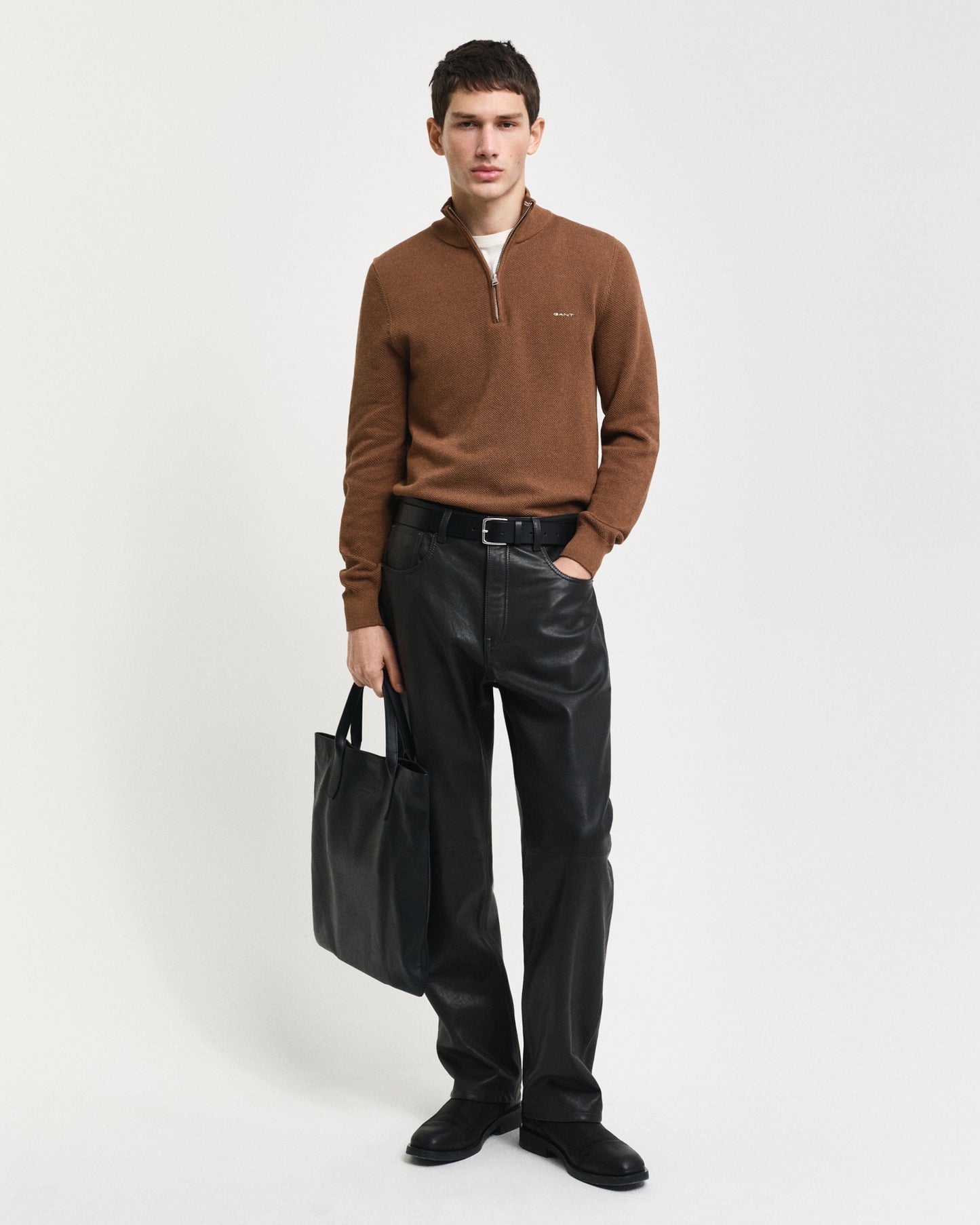 HAZELNUT MELANGE, COTTON PIQUE HALF ZIP BY GANT AU.