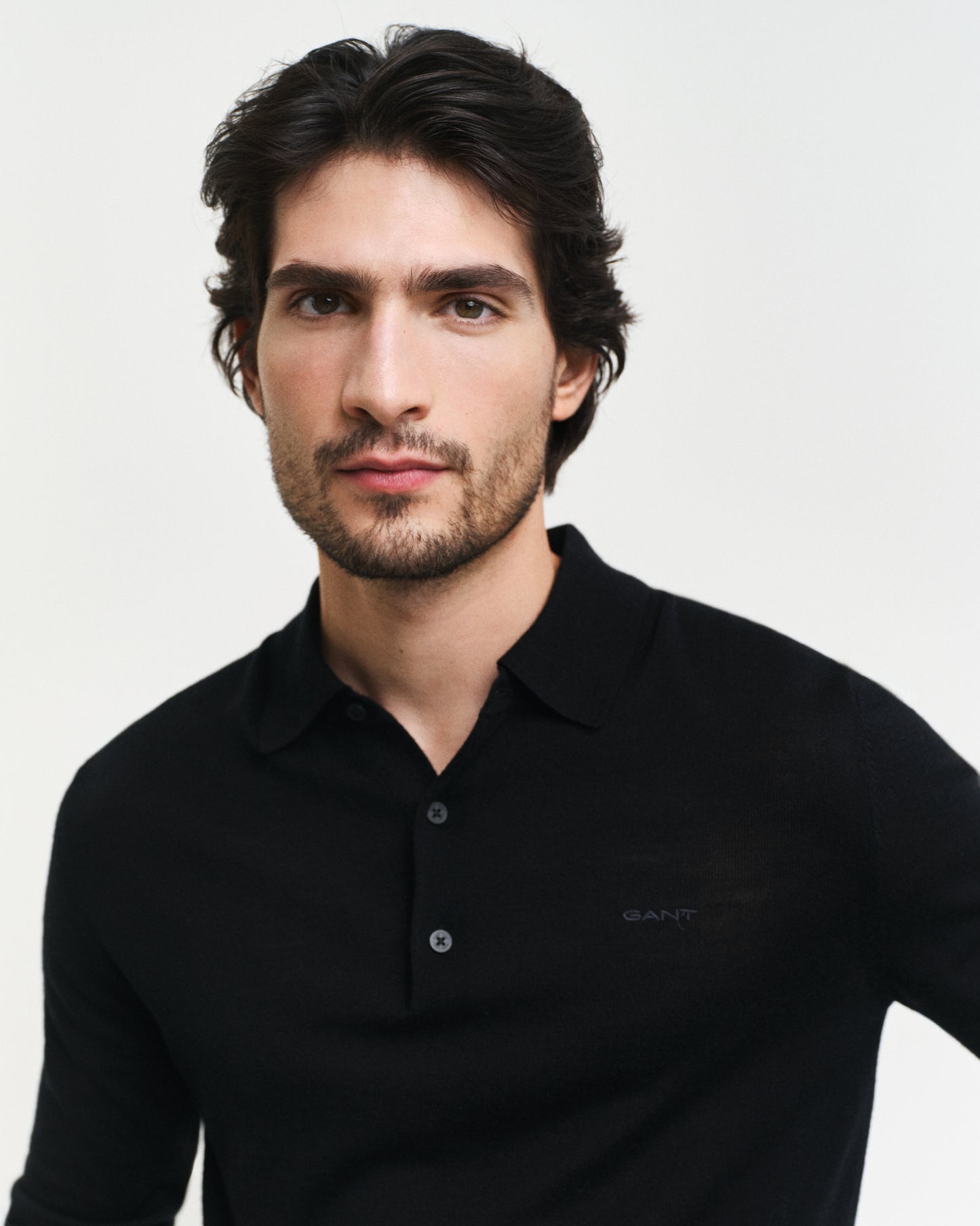 BLACK, EXTRAFINE MERINO WOOL POLO, CLOSE-UP BY GANT AU.