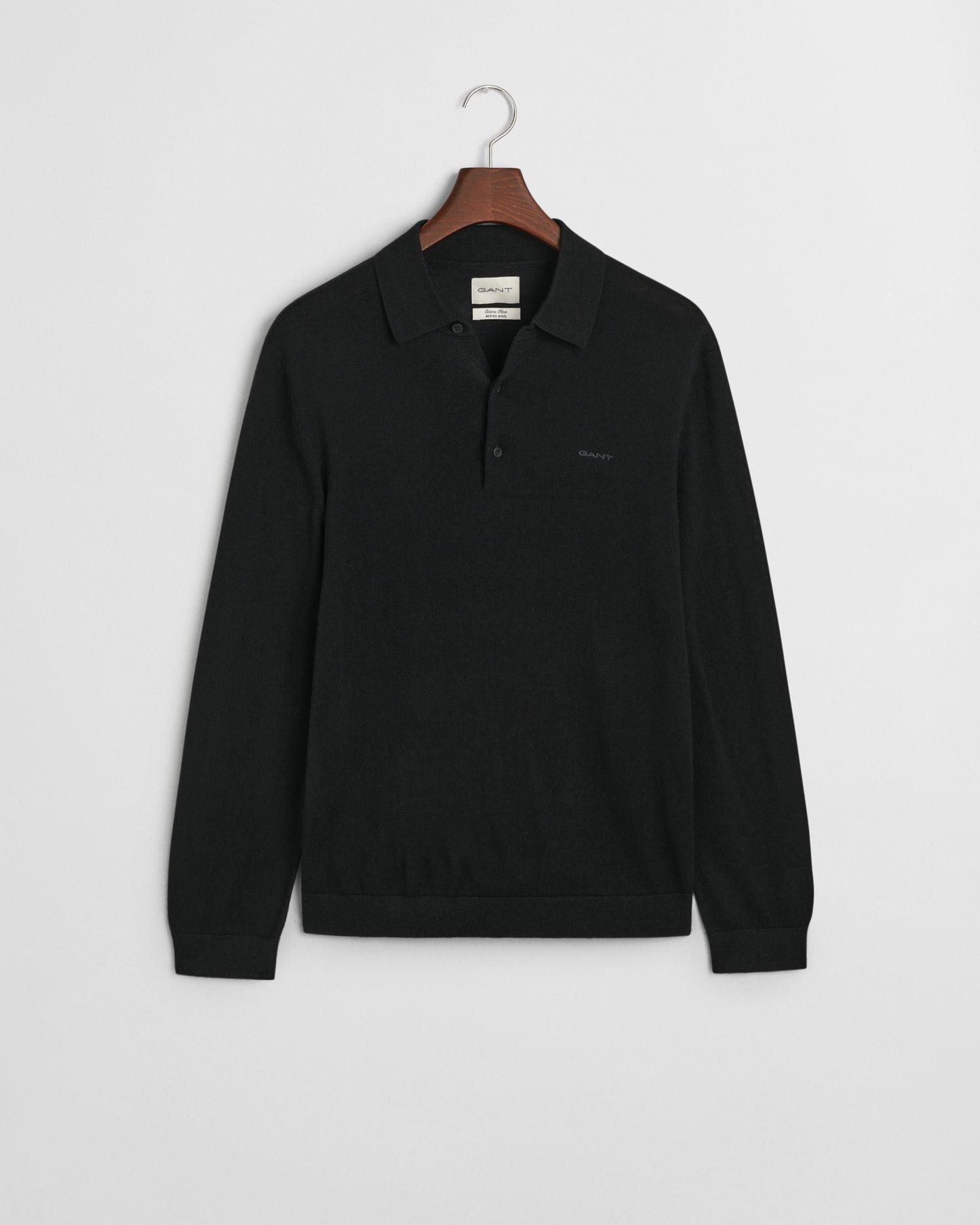 BLACK, EXTRAFINE MERINO WOOL POLO, FLAT-LAY BY GANT AU.