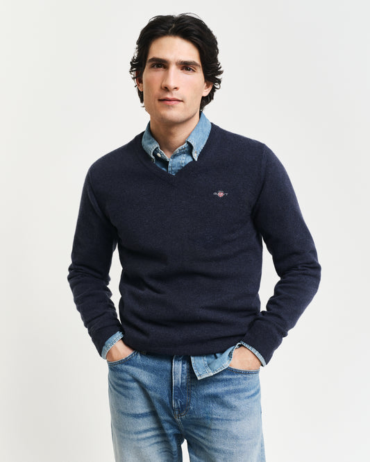 DARK NAVY MELANGE, SUPERFINE LAMBSWOOL V-NECK, FRONT-VIEW BY GANT AU.