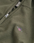 JUNIPER GREEN, SUPERFINE LAMBSWOOL HALF ZIP, CLOSE-UP BY GANT AU.