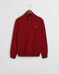 PLUMPED RED, SUPERFINE LAMBSWOOL HALF ZIP, FLAT-LAY BY GANT AU.