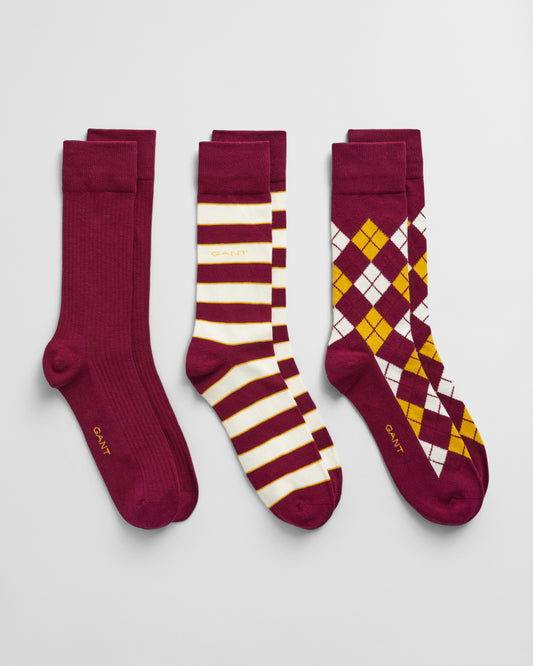 RICH WINE, ARGYLE AND STRIPE SOCKS 3-PACK BY GANT AU.
