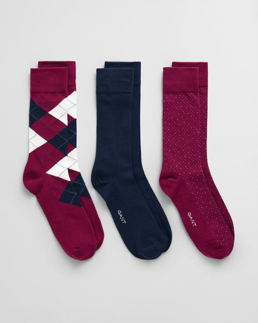 RICH WINE, ARGYLE SOCKS 3-PACK GIFT BOX BY GANT AU.