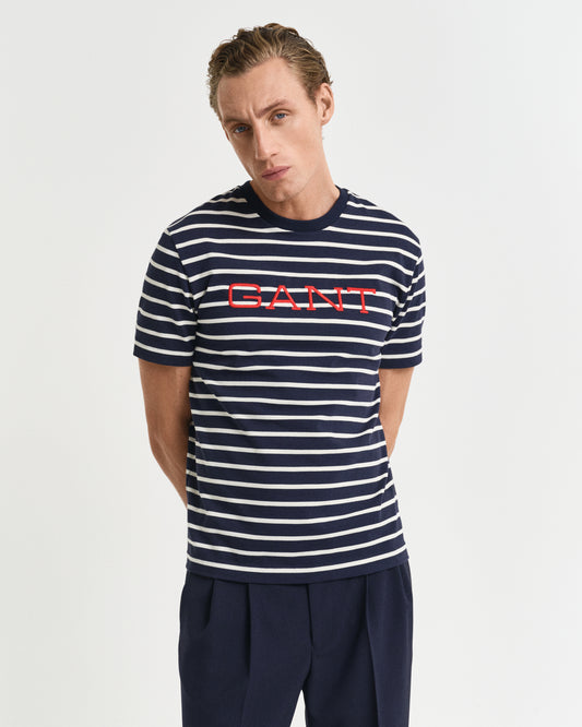 EVENING BLUE, GRAPHIC STRIPED SS T-SHIRT, FRONT-VIEW BY GANT AU.