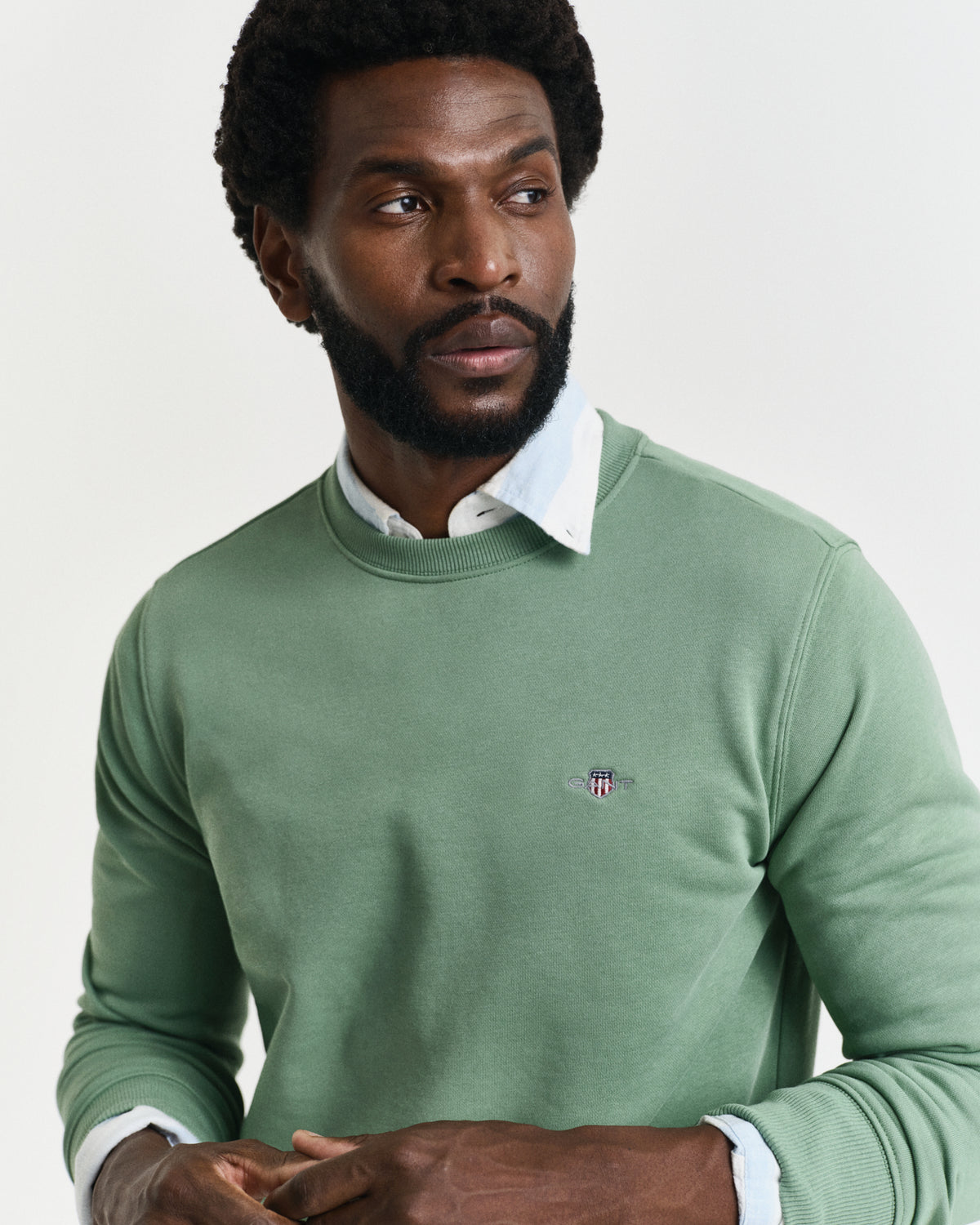 KALAMATA GREEN, REG SHIELD C-NECK SWEAT, CLOSE-UP BY GANT AU.