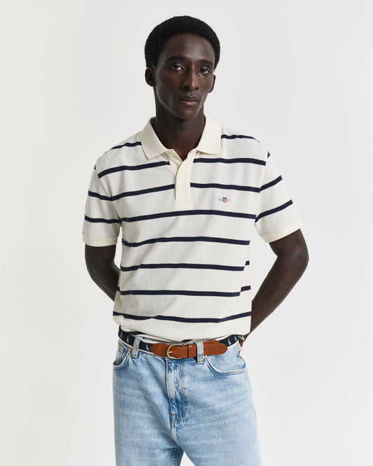 CREAM, STRIPED POLO, FRONT-VIEW BY GANT AU.