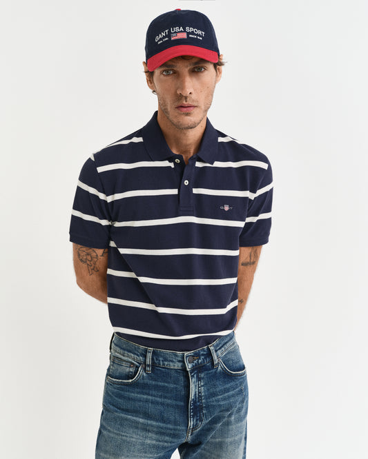 EVENING BLUE, STRIPED POLO, FRONT-VIEW BY GANT AU.