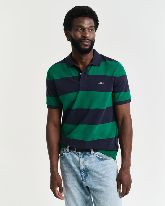 DEEP GREEN, BLOCK STRIPE POLO, FRONT-VIEW BY GANT AU.