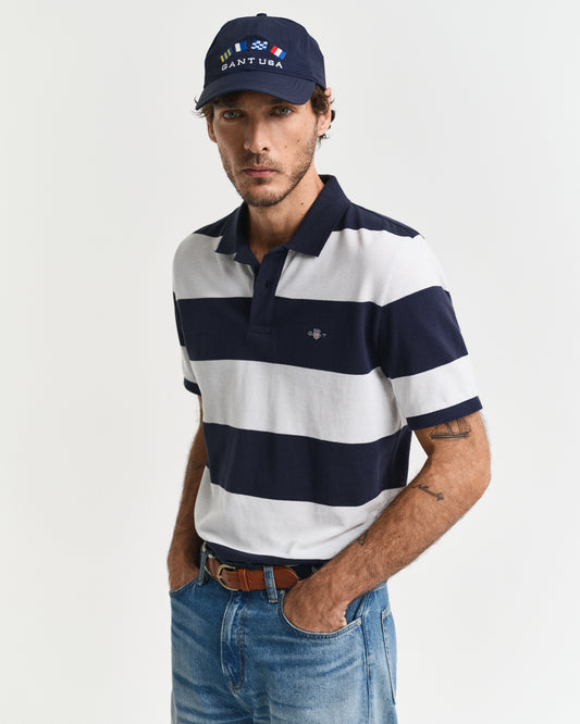 EVENING BLUE, BLOCK STRIPE POLO, FRONT-VIEW BY GANT AU.