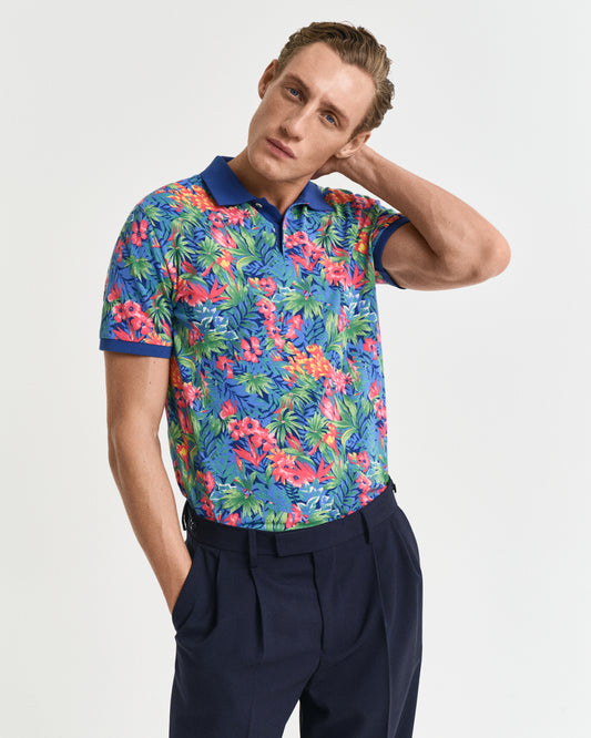 DEEP COBALT, PRINTED SS POLO, FRONT-VIEW BY GANT AU.