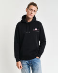 BLACK, REG MEDIUM ARCHIVE SHIELD HOODIE, FRONT-VIEW BY GANT AU.