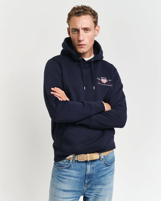 EVENING BLUE, REG MEDIUM ARCHIVE SHIELD HOODIE, FRONT-VIEW BY GANT AU.