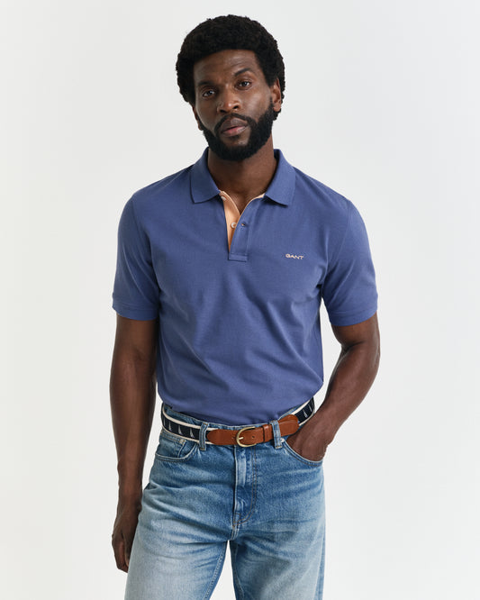 DUSTY NAVY, REG CONTRAST PIQUE SS POLO, FRONT-VIEW BY GANT AU.