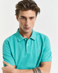 TROPIC BLUE, REG SHIELD SS PIQUE POLO, CLOSE-UP BY GANT AU.