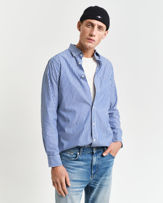 COLLEGE BLUE, REG CLASSIC POPLIN STRIPE SHIRT, FRONT-VIEW BY GANT AU.