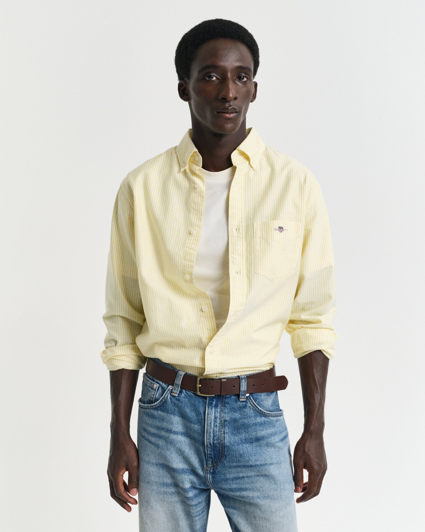 BANANA YELLOW, REG CLASSIC OXFORD STRIPE SHIRT, FRONT-VIEW BY GANT AU.