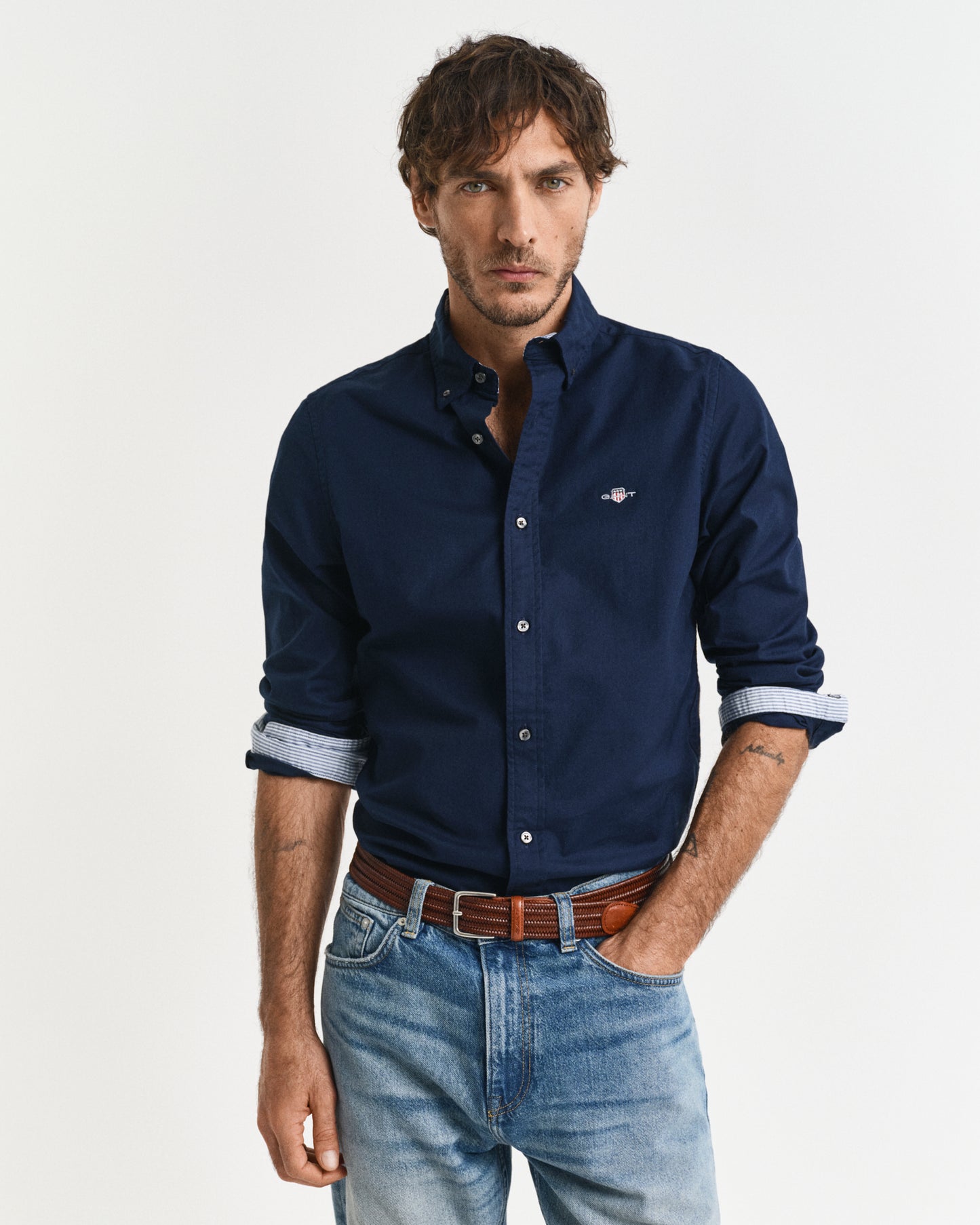 MARINE, SLIM STRETCH OXFORD SHIRT, FRONT-VIEW BY GANT AU.
