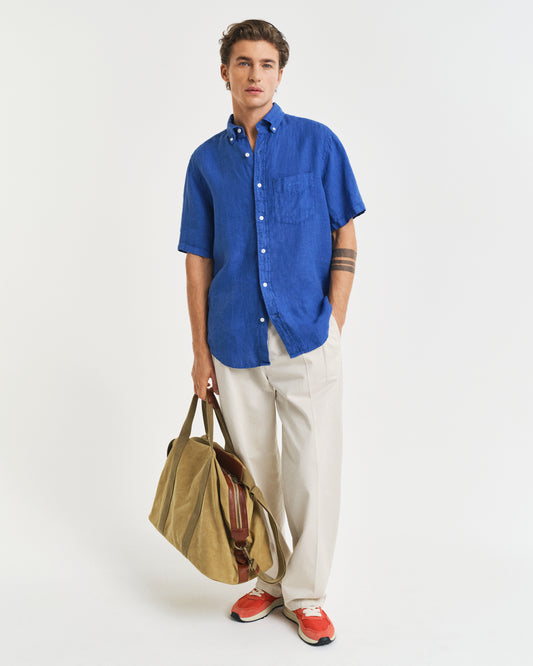 RICH BLUE, REG GMNT DYED LINEN SS SHIRT BY GANT AU.