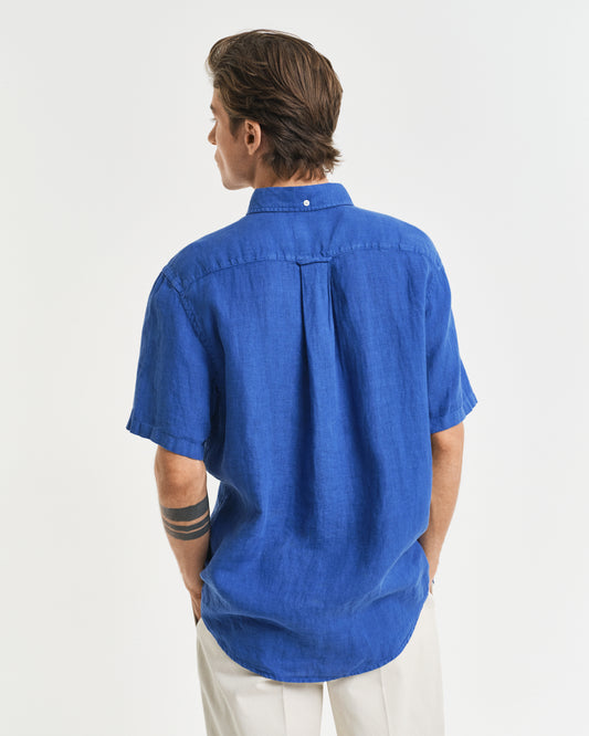 RICH BLUE, REG GMNT DYED LINEN SS SHIRT, BACK-VIEW BY GANT AU.