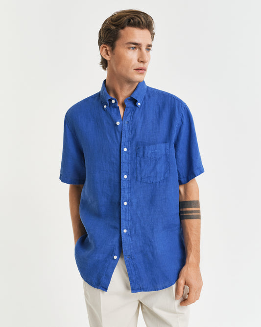 RICH BLUE, REG GMNT DYED LINEN SS SHIRT, FRONT-VIEW BY GANT AU.