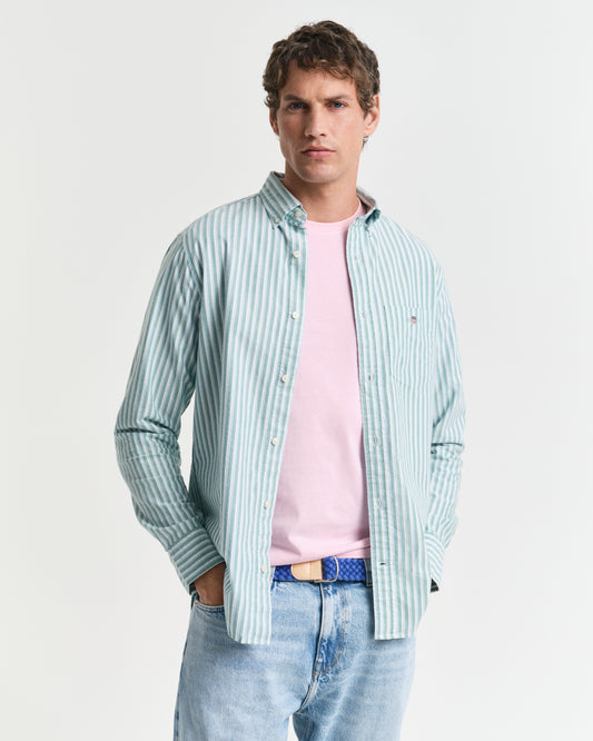 DEEP GREEN, REG CLASSIC OXFORD STRIPE SHIRT, FRONT-VIEW BY GANT AU.