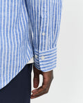 MODEL WEARING REG COTTON LINEN STRIPE SHIRT