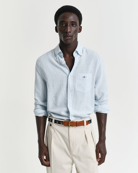 FRESH BLUE, REG COTTON LINEN STRIPE SHIRT, FRONT-VIEW BY GANT AU.