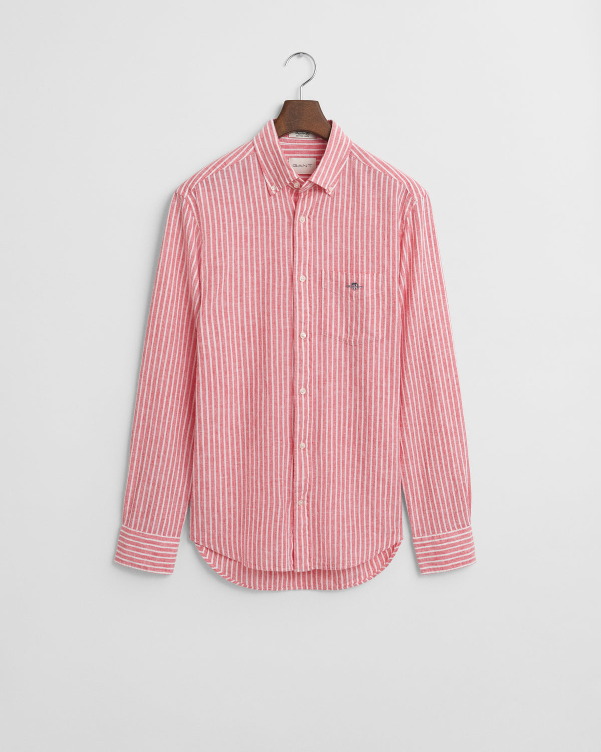 BRICK RED, REG COTTON LINEN STRIPE SHIRT, FLAT-LAY BY GANT AU.