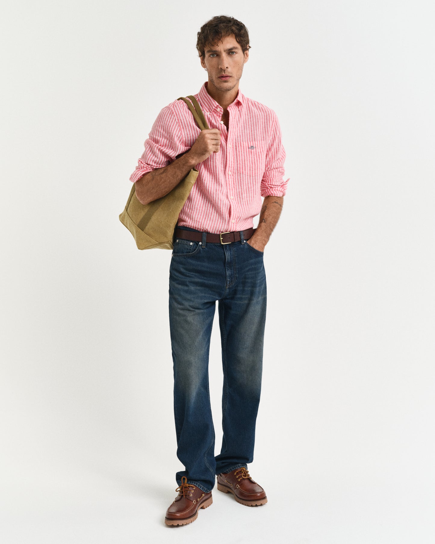 BRICK RED, REG COTTON LINEN STRIPE SHIRT BY GANT AU.
