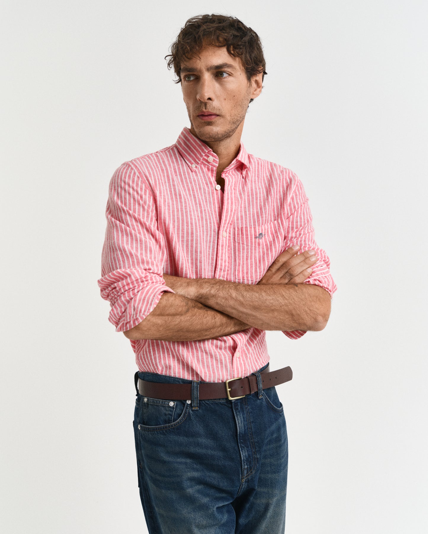 BRICK RED, REG COTTON LINEN STRIPE SHIRT, FRONT-VIEW BY GANT AU.