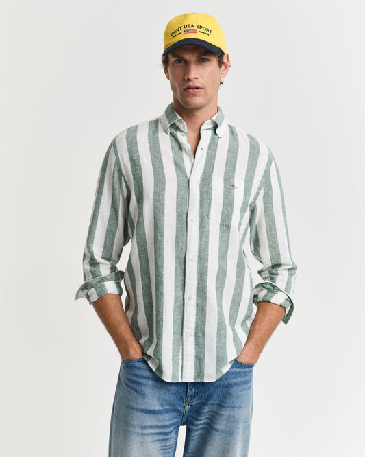 WOODY GREEN, REG COTTON LINEN BOLD STRIPE SHIRT, FRONT-VIEW BY GANT AU.