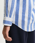 MODEL WEARING REG COTTON LINEN BOLD STRIPE SHIRT
