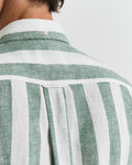 MODEL WEARING REG COTTON LINEN STRIPE SS SHIRT