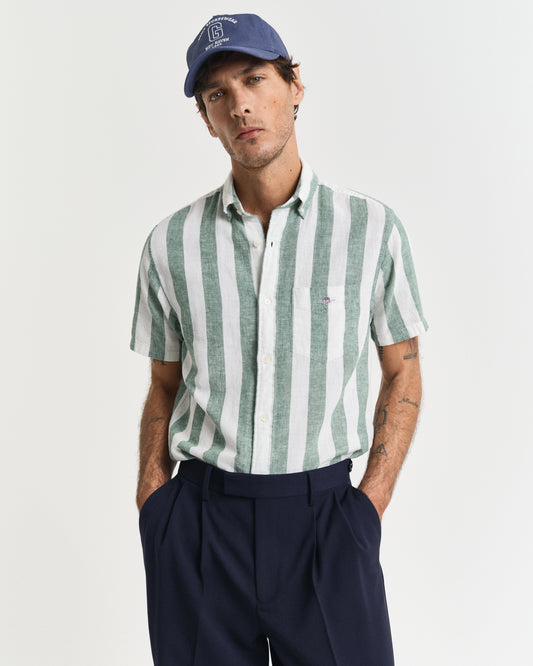 WOODY GREEN, REG COTTON LINEN STRIPE SS SHIRT, FRONT-VIEW BY GANT AU.
