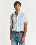 FRESH BLUE, REG COTTON LINEN STRIPE SS SHIRT, FRONT-VIEW BY GANT AU.