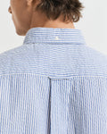 RICH BLUE, REG SEERSUCKER STRIPE SHIRT, CLOSE-UP BY GANT AU.