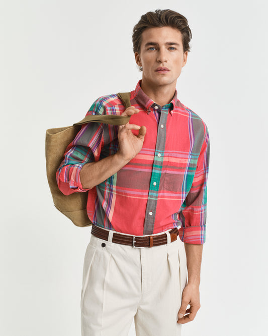 WATERMELON RED, REG INDIAN MADRAS  SHIRT, FRONT-VIEW BY GANT AU.