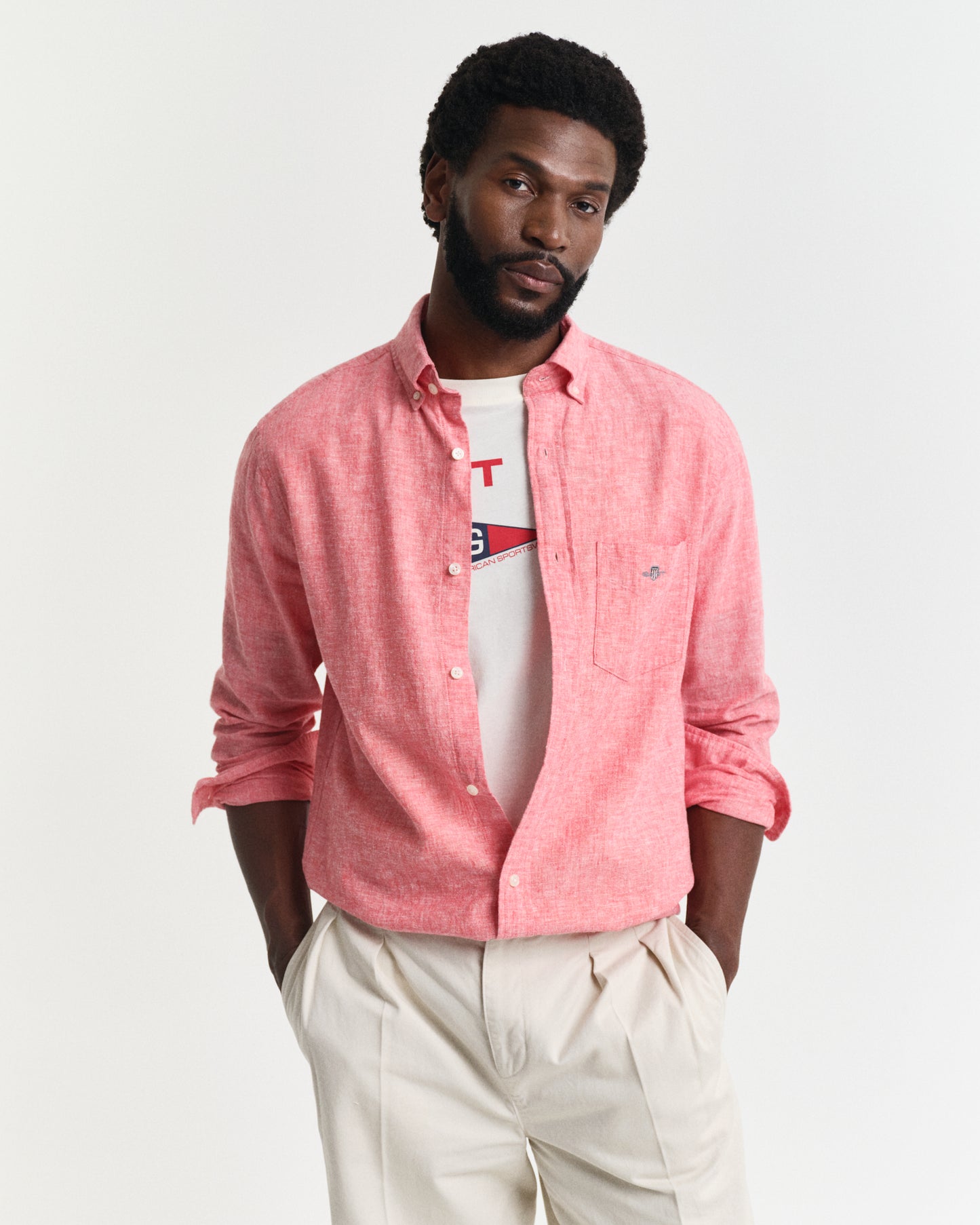 BRICK RED, REG COTTON LINEN SHIRT, FRONT-VIEW BY GANT AU.
