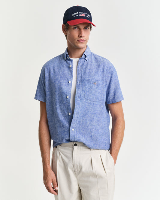 RICH BLUE, REG COTTON LINEN SS SHIRT, FRONT-VIEW BY GANT AU.