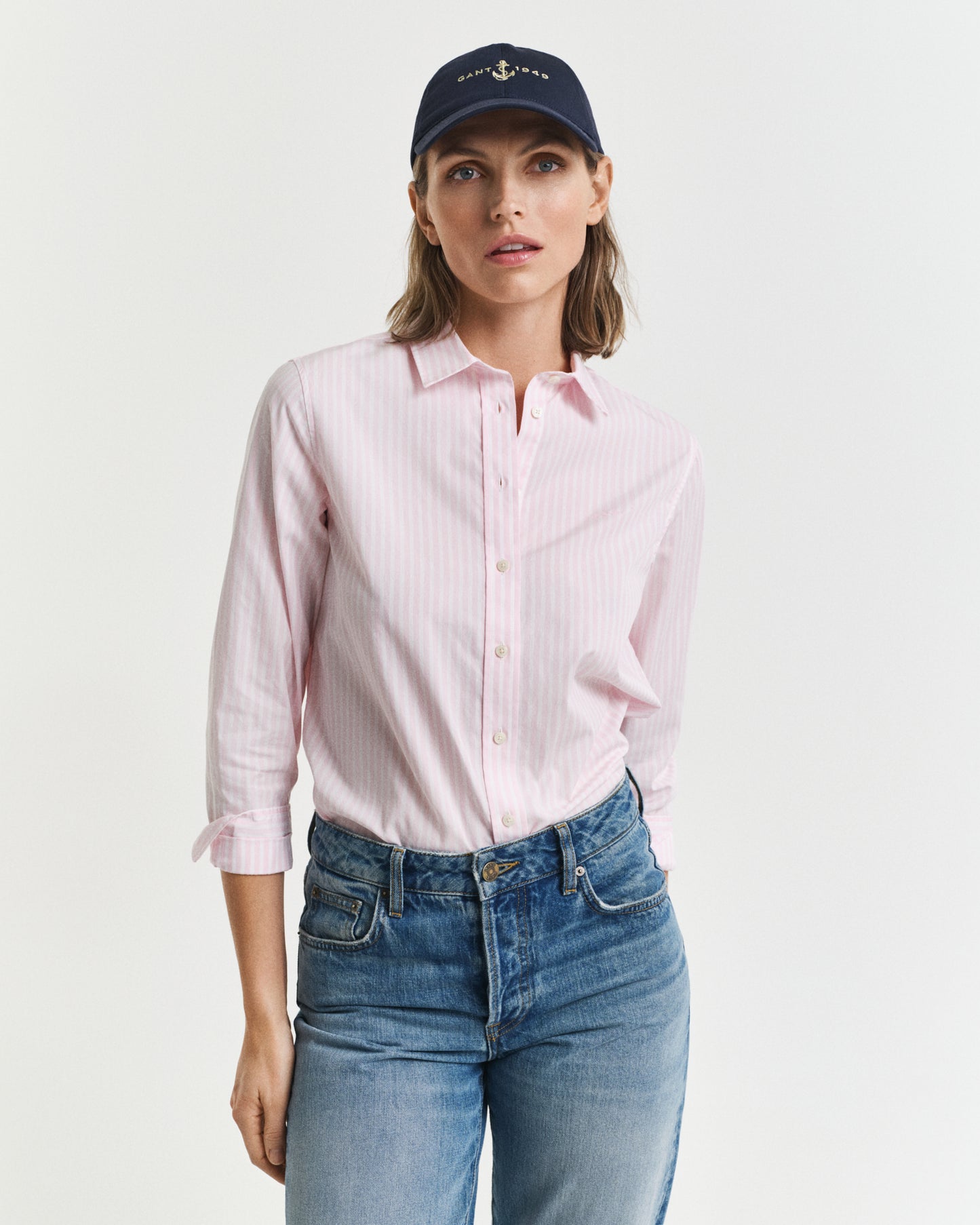 LIGHT PINK, REG CLASSIC POPLIN STRIPED SHIRT, FRONT-VIEW BY GANT AU.