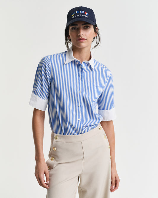 PERFECT BLUE, REG CONTRAST STRIPED SS SHIRT, FRONT-VIEW BY GANT AU.