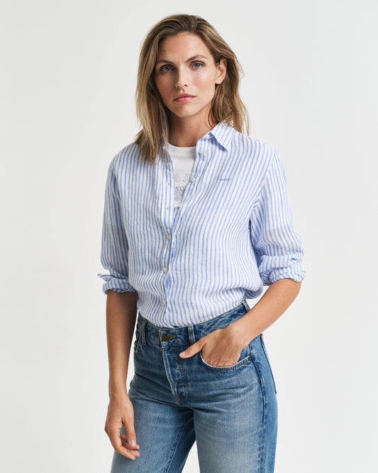 PERFECT BLUE, REG LINEN STRIPED SHIRT, FRONT-VIEW BY GANT AU.
