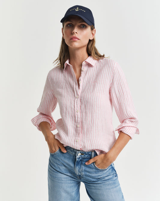 GERANIUM PINK, REG LINEN STRIPED SHIRT, FRONT-VIEW BY GANT AU.
