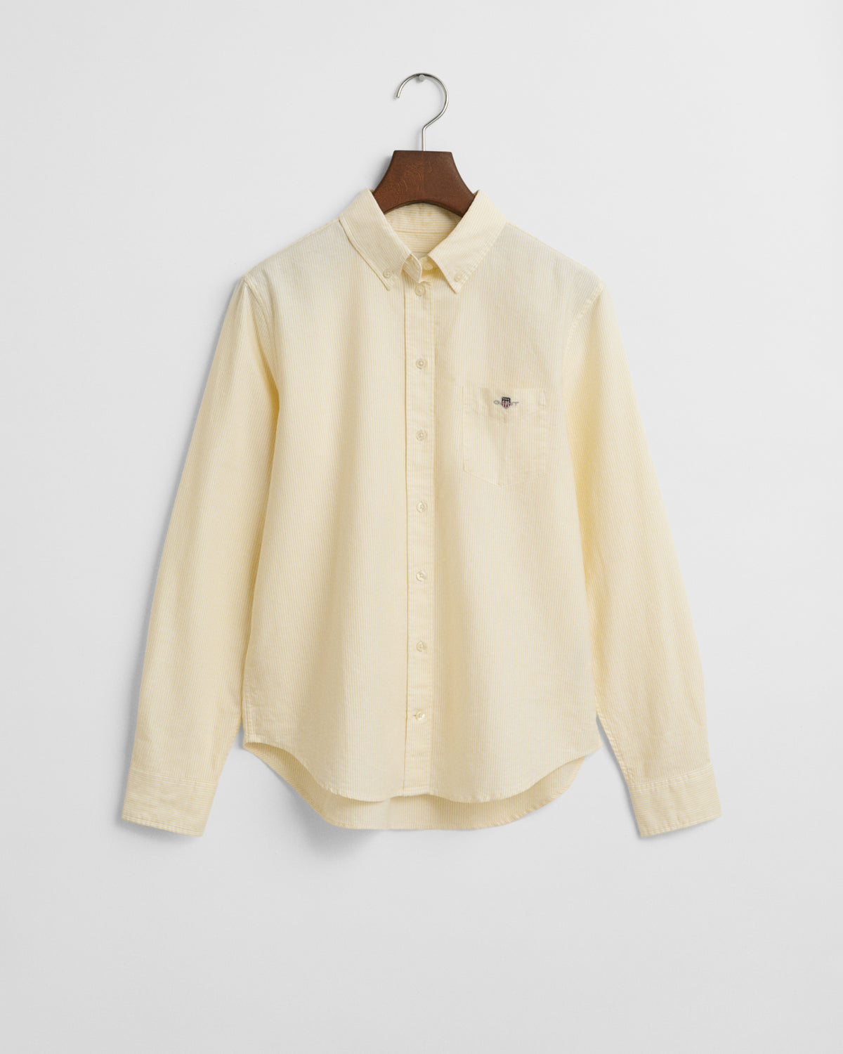 DUSTY LIGHT YELLOW, REG CLASSIC OXFORD STRIPED SHIRT, FLAT-LAY BY GANT AU.
