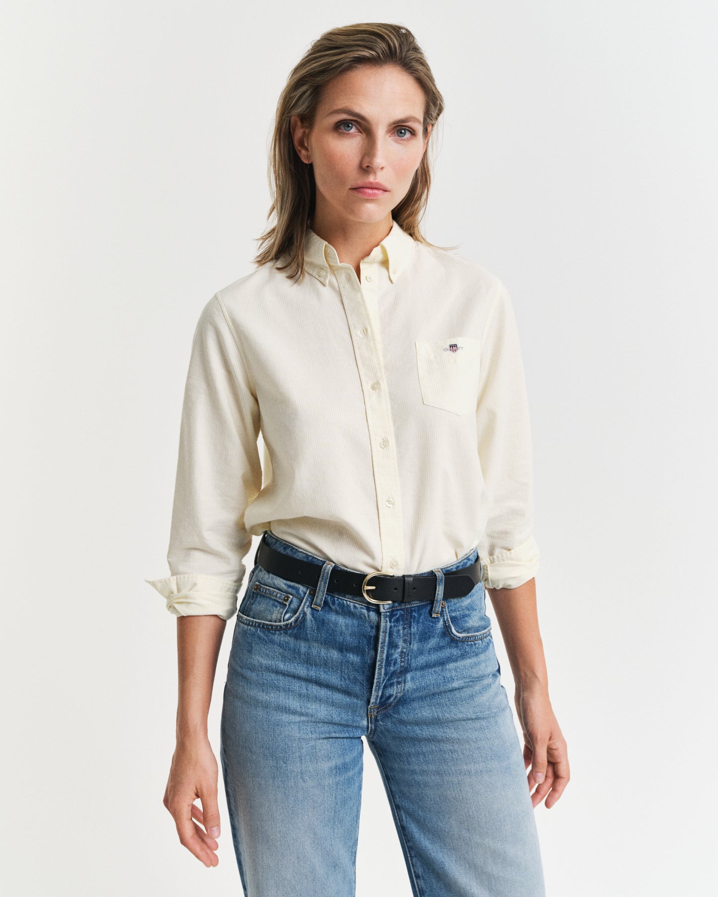 DUSTY LIGHT YELLOW, REG CLASSIC OXFORD STRIPED SHIRT, FRONT-VIEW BY GANT AU.