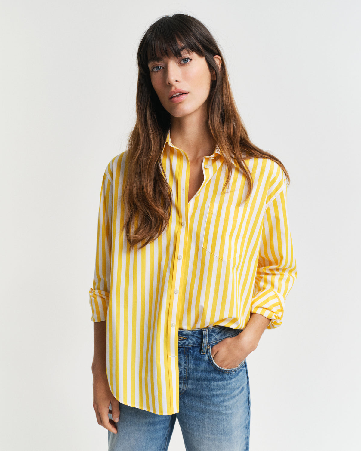 DAFFODIL YELLOW, REL CLASSIC POPLIN STRIPED SHIRT, FRONT-VIEW BY GANT AU.
