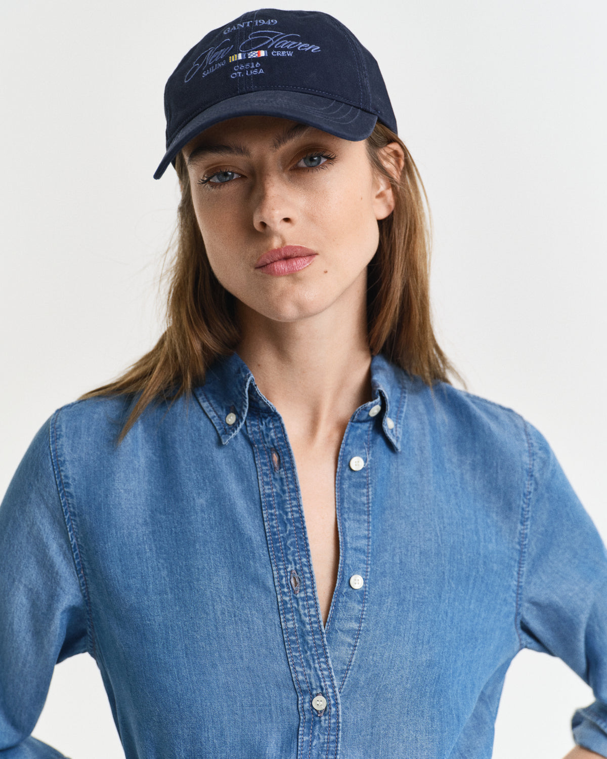 MODEL WEARING REG CHAMBRAY SHIRT  DRESS